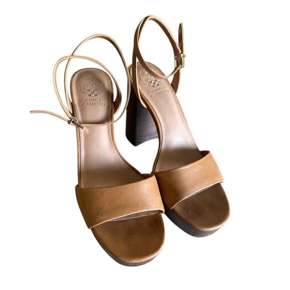 Vince Camuto Neutral Leather Platform Heels Shoes Wood Stacked Block Heel Size 9 - Picture 3 of 6